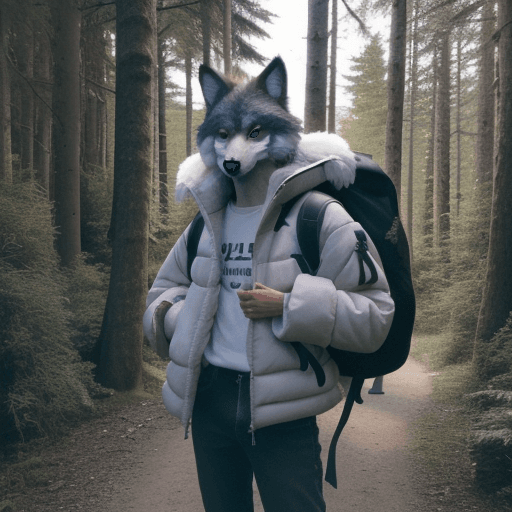 AI generated: furry, fursona, anthro, wolf male, anthropomorphic, clothed, puffy jacket, backpack, (subject on the...
