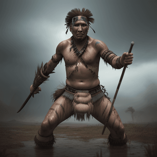 AI generated: a one man tribe chieftain warriors, in epic battle, in the style of dystopian realism, realistic per...