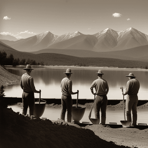 AI generated:  Sepia tone photo showing four men with picks, shovels, a wheelbarrow, and a steam shovel to constru...