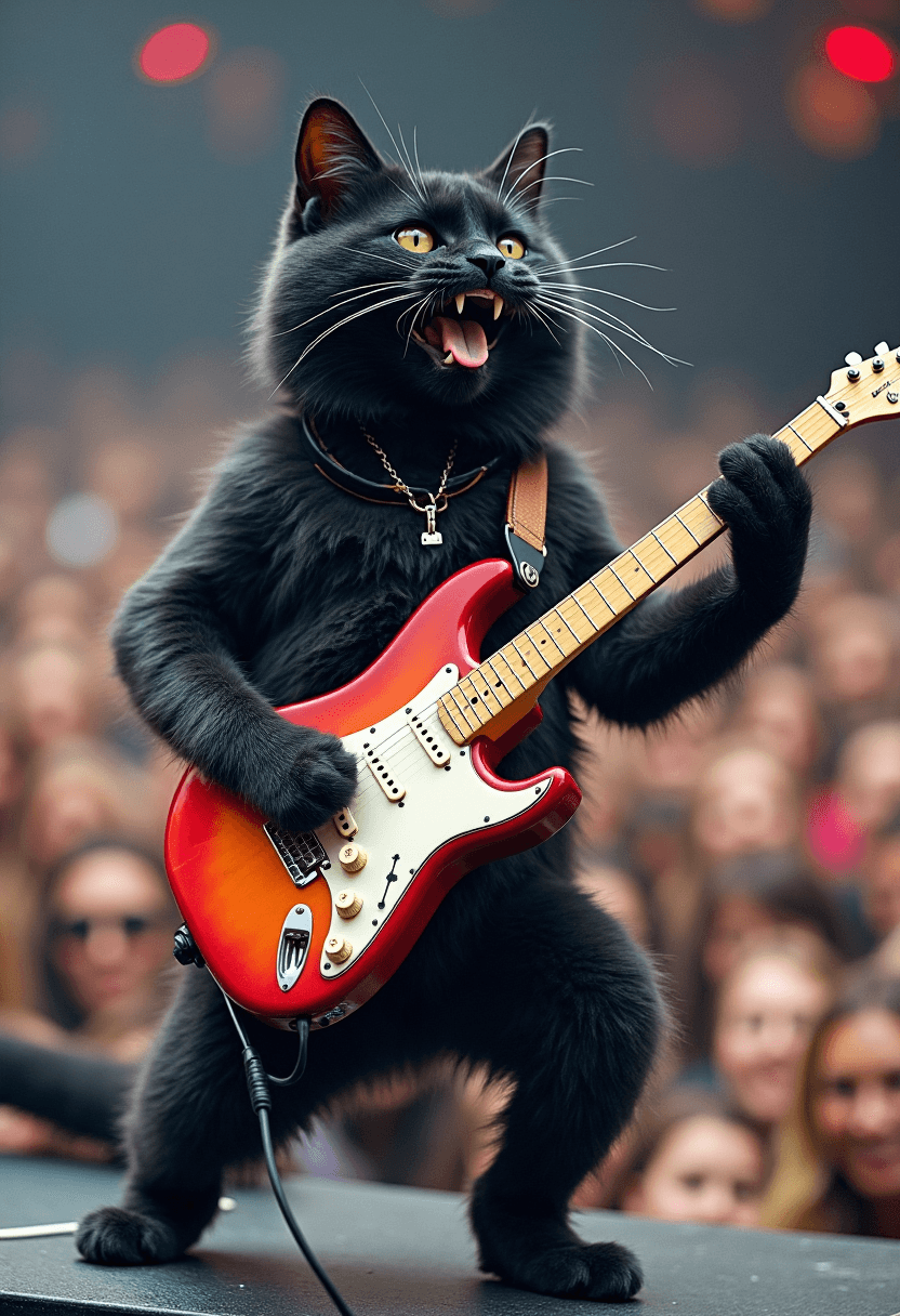 AI generated: Real photograph of a black cat playing an electric guitar, the cat looks like a rocker, it is on a r...