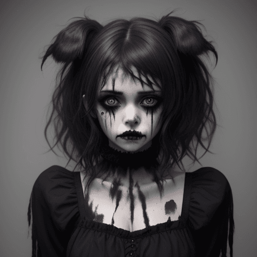 AI generated: British Gothic girl with messy hair dressed as a dog, dark makeup and beat up.