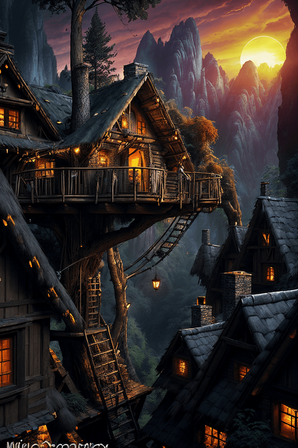 AI generated: valley, fairytale treehouse village covered, hammocks, debris, trash, matte painting, highly detaile...