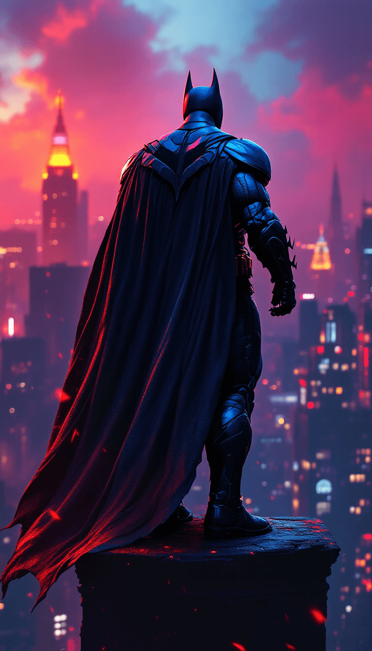 AI generated: The batman Death metal  with bulky body, behind scene , standing on top of a tall building in gothic...