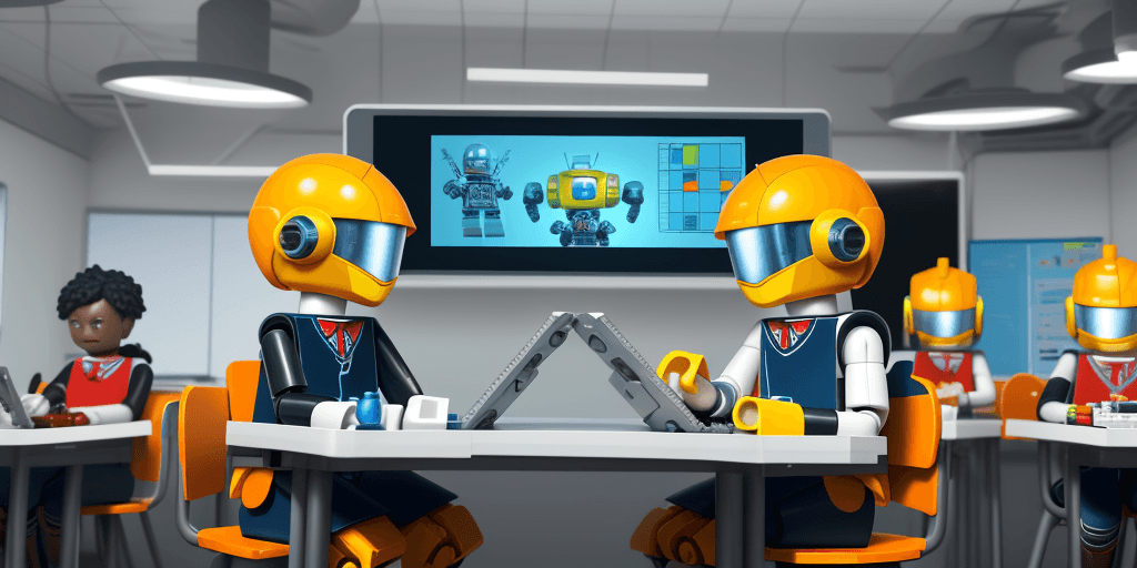 AI generated: in a futuristic classroom ,  kids (LEGO) wearing school uniforms,  working on a tablet computer, doi...