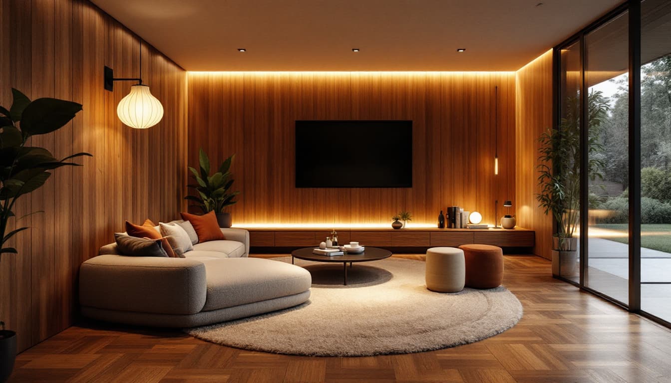 AI generated: High resolution photography interior design, dreamy sunken living room conversation pit, wooden floo...
