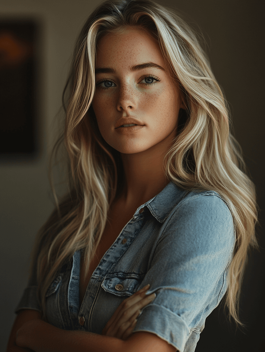 AI generated: Photo shoot, a model poses standing in a studio, advertising shoot, blonde, a little curvy, wears a ...