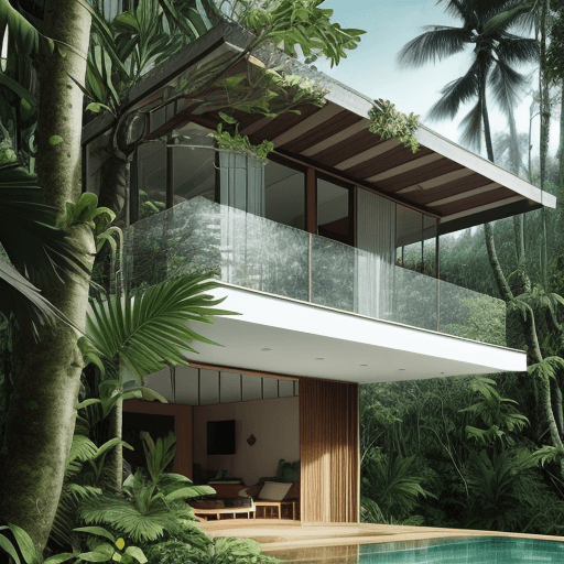 AI generated: A beautiful house in tropical modernism style inside of a forest and full of trees and plants and se...