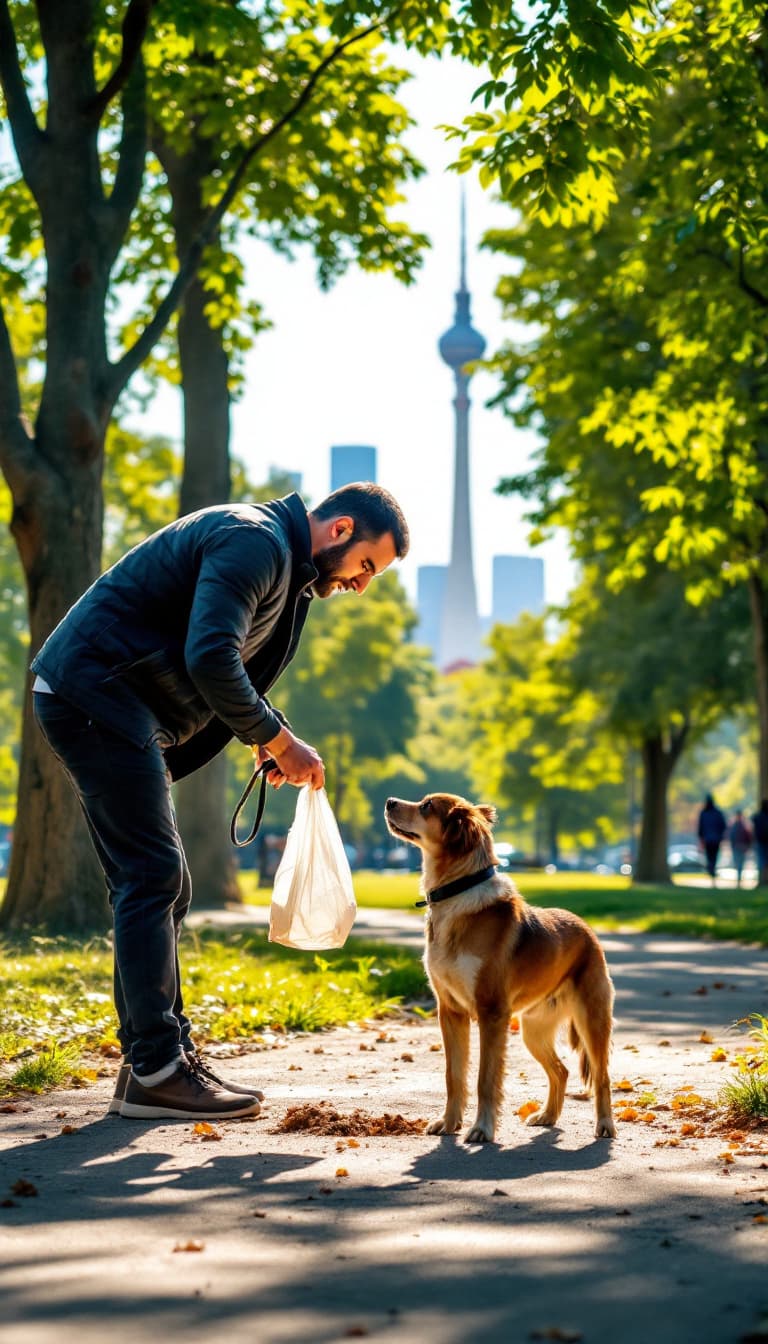 AI generated: A man is cleaning up after his dog in a park in Tehran. He holds a plastic bag in his hand as he ben...