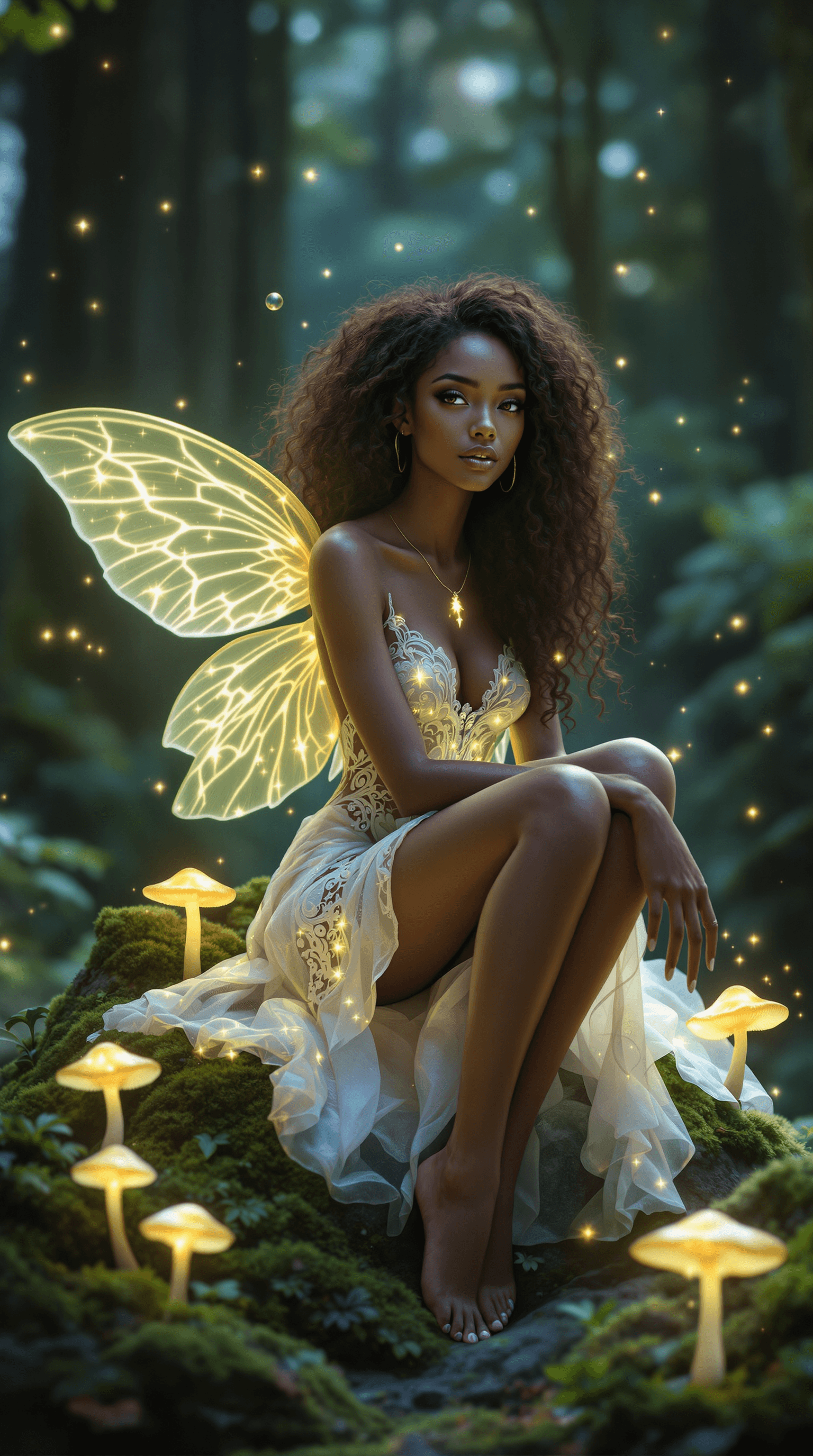 AI generated: (Ultra-high resolution, Hyper-detailed magical forest scene, Ethereal forest fairy with glowing wing...