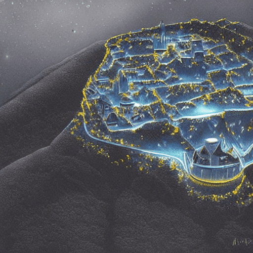 AI generated: Portrait d'un village de montagne de la lune brillante au milieu des étoiles, éclairage cinématograp...