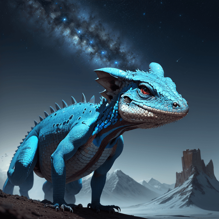 AI generated: snoutless blue lizard, wearing a cosmonaut helmet, reddish eyes, haunting look, half body view, fron...