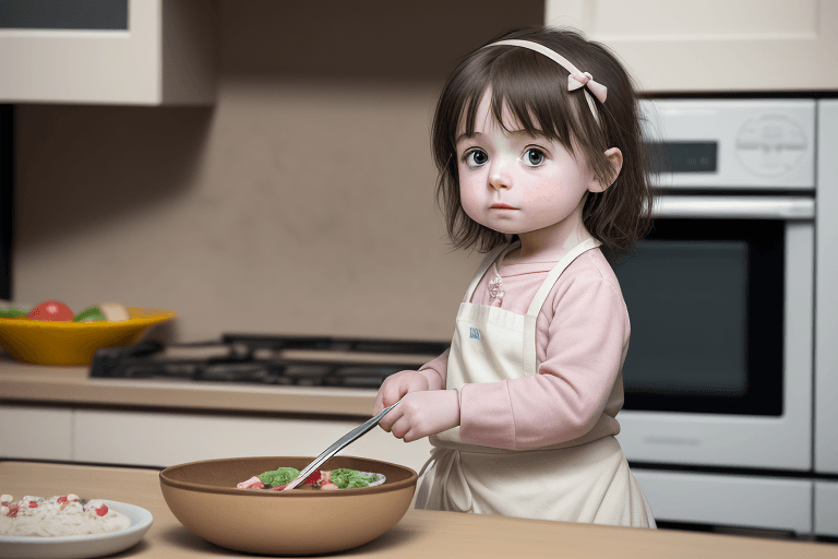 AI generated: (portrait:1.3, little child:1.8, little girl:1.8, standing:1.2, cooking;1.3, commercial advertising ...