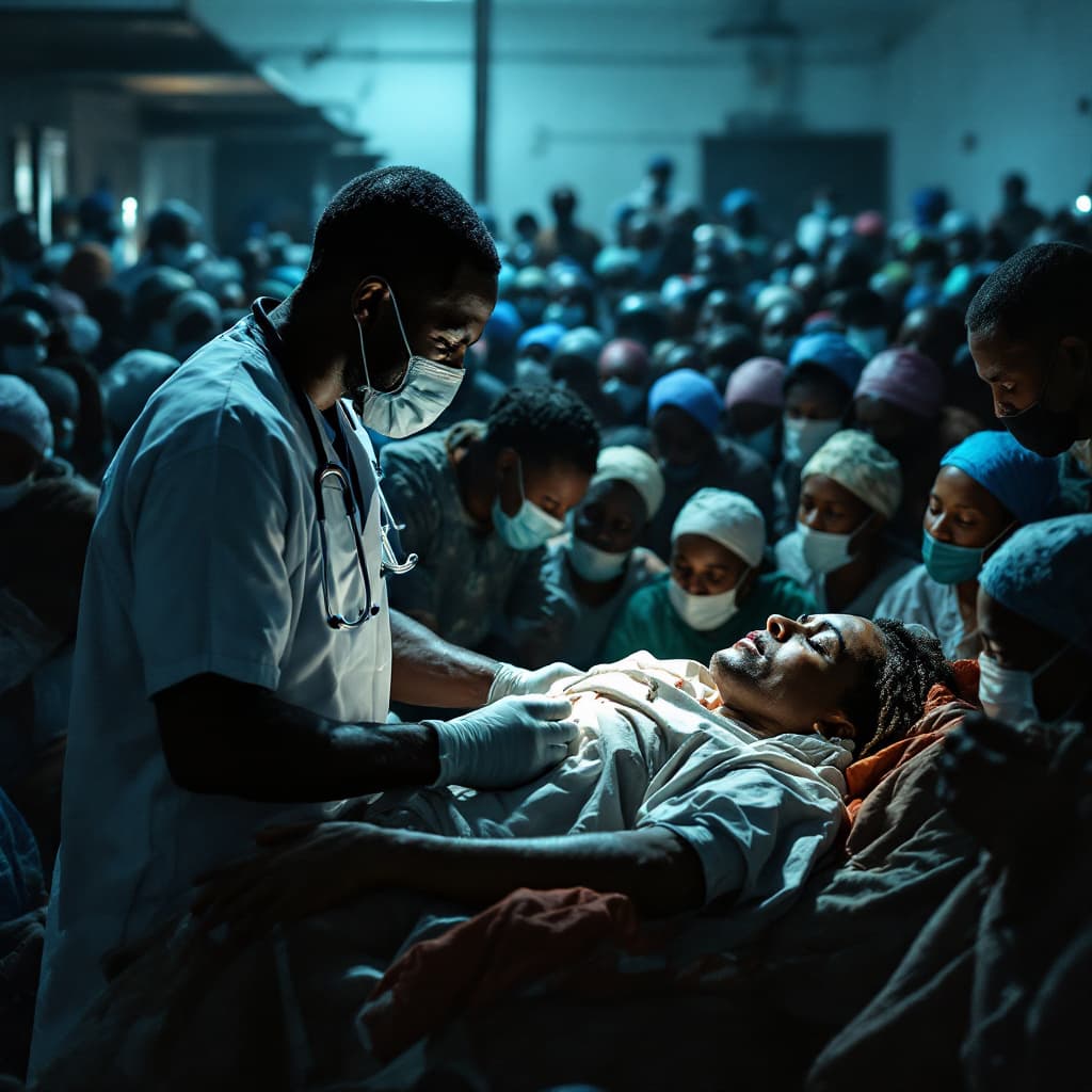 AI generated: An African medical doctor at an overcrowded overly populated emergency room full of patients with a ...