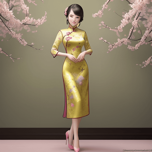 AI generated: An elegant and noble woman wearing a colorful cheongsam and high heels standing in the background of...
