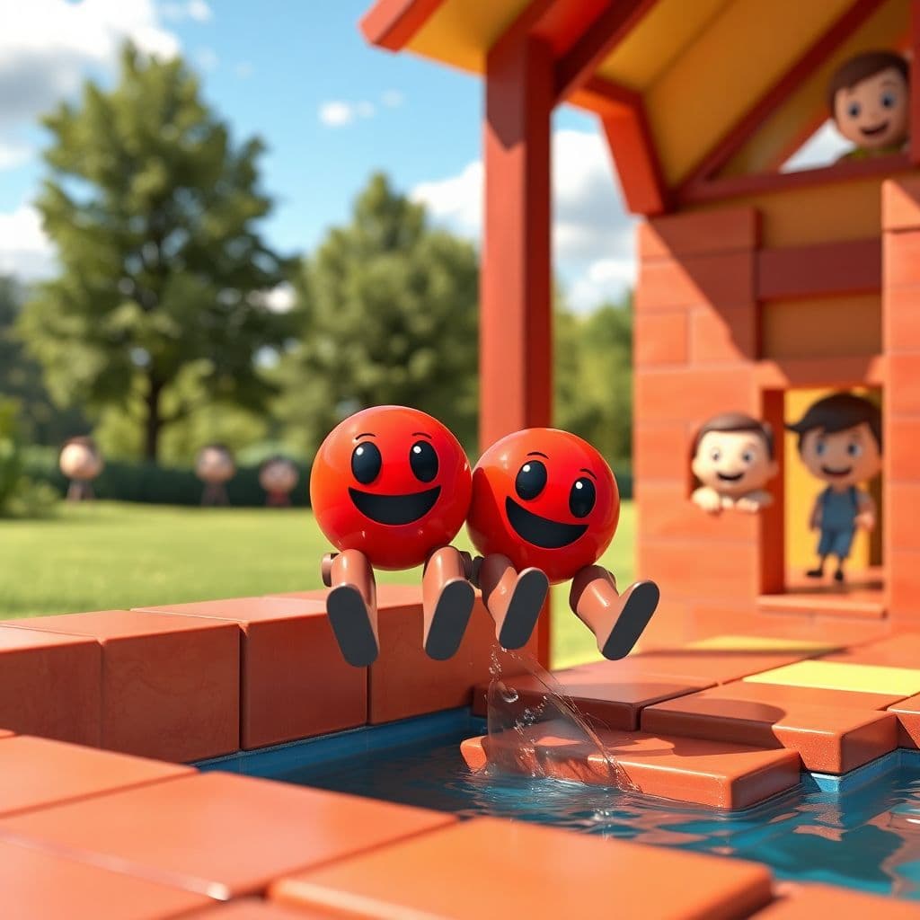 AI generated: Two very cute Happy red marbles, sliding down the slider of a house made of blocks, and falling into...