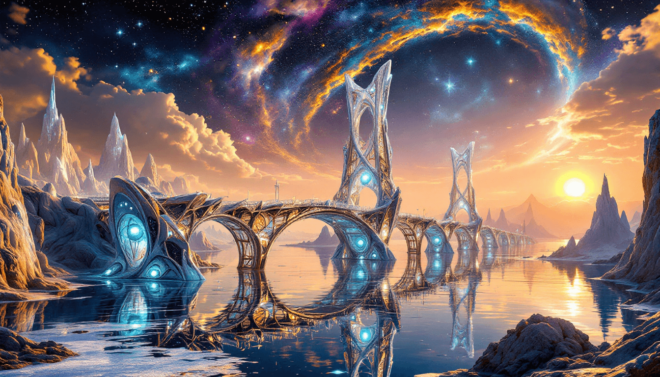 AI generated: A surreal, hyper-detailed fantasy scene of an enormous, elegant bridge made entirely of shimmering c...