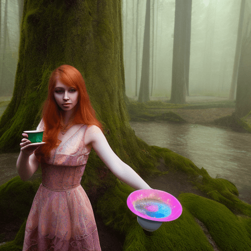 AI generated: In the foggy Bialowieza primeval forest, a graceful Belarusian lady with stunning auburn hair and do...