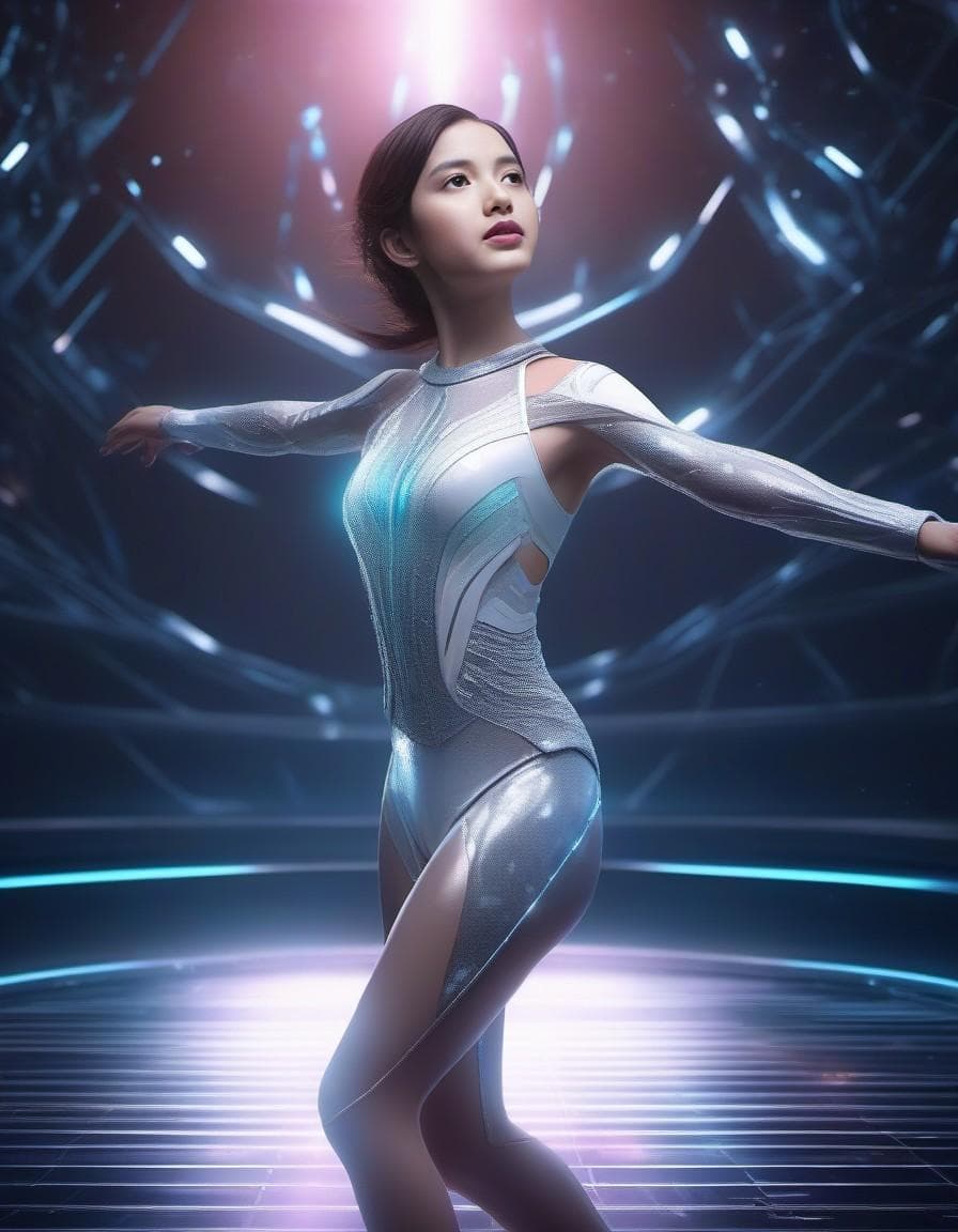 AI generated: Motion apture an extraordinary image of a stunning cyborg ballerina with translucent, glowing body p...