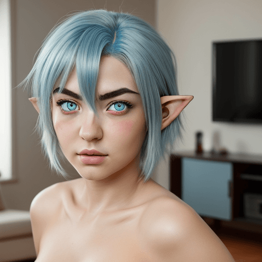 AI generated: Anime art style, at home, Woman, Half-Elf, light blue hair, wolf cut, In te living room, bright red ...