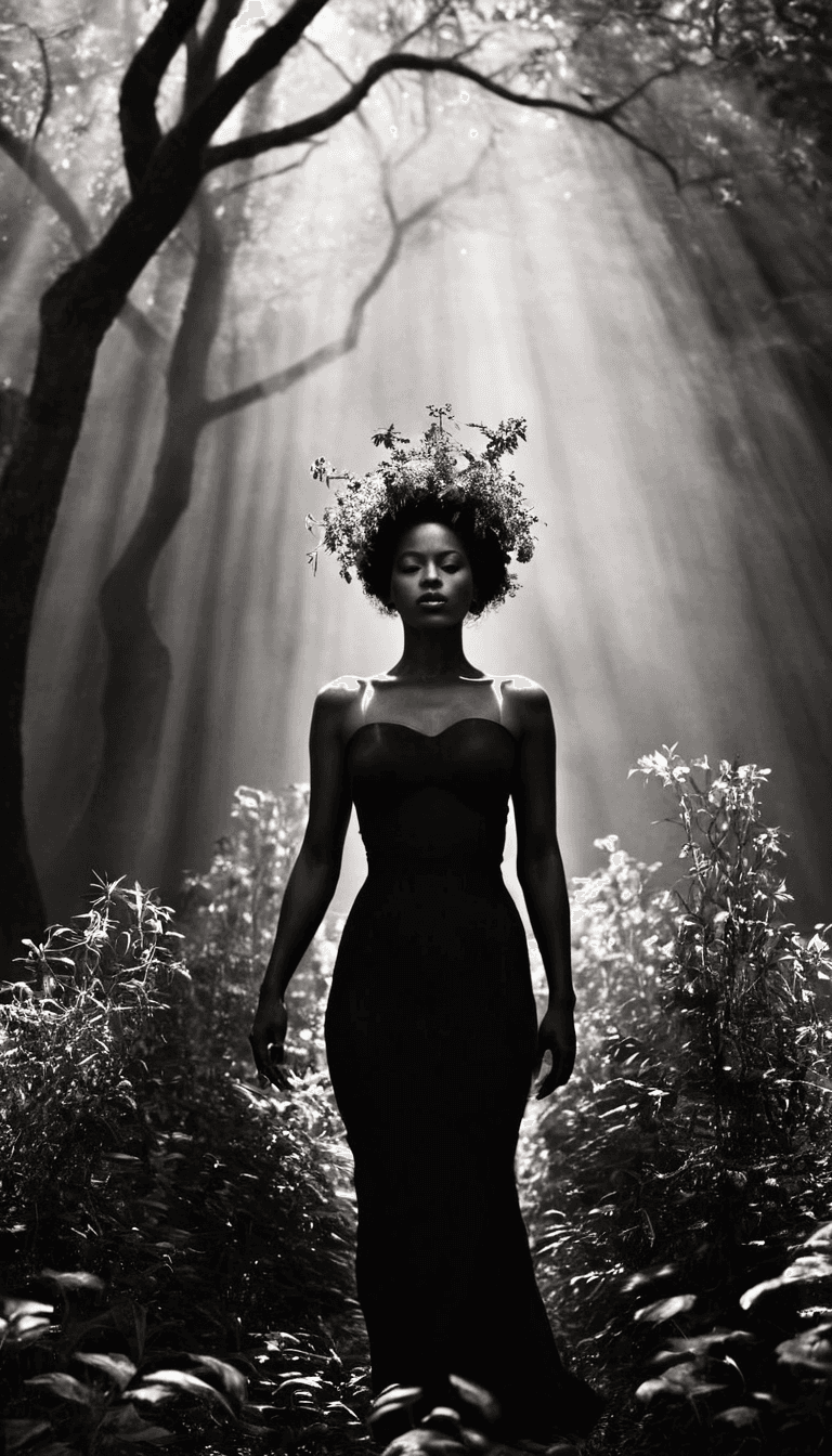 AI generated: black and white photography, fashion editorial, a conceptual illustration of black woman as mother o...