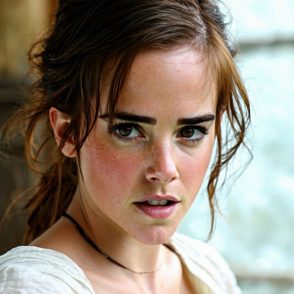 AI generated: pov a emma watson riding you hard in cowgirl position, her habit is torn open revealing her breasts,...