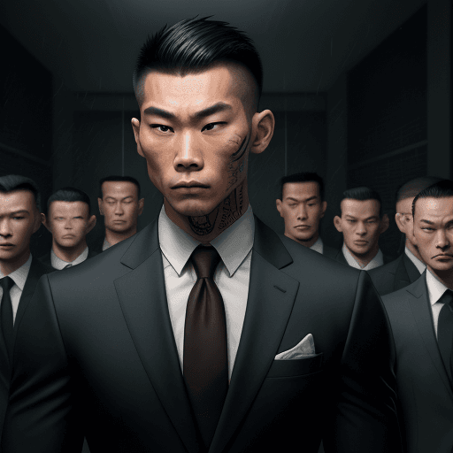 AI generated: Muscular man, Asian, with tattoos, tall, wearing a suit, with a serious expression, behind him are 2...