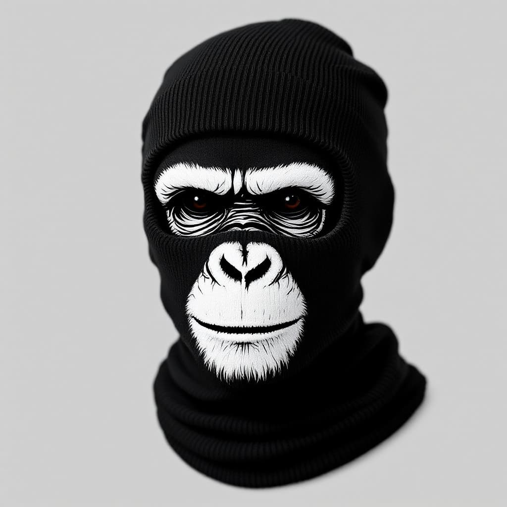 AI generated: a black ribbed knit baklava 3-holes skimask painted with a flat inked chimpanzee face illustration o...