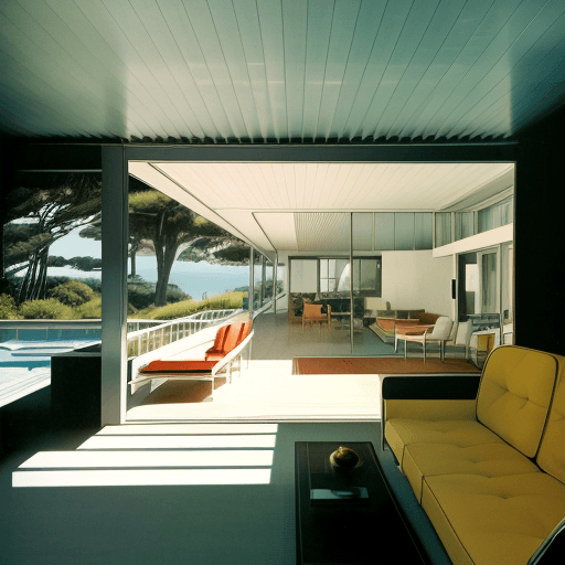 AI generated: Hyper realistic eye level exterior photo of a mid century modern style house overlooking the ocean, ...