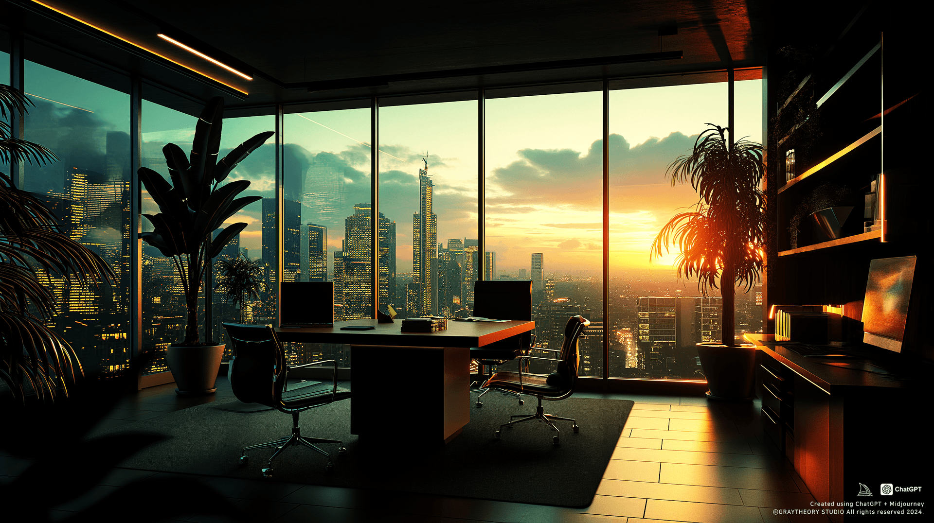 AI generated: front shot, office, modernism, colorful tone, modernism furnishing, sleek lines, window outside dram...