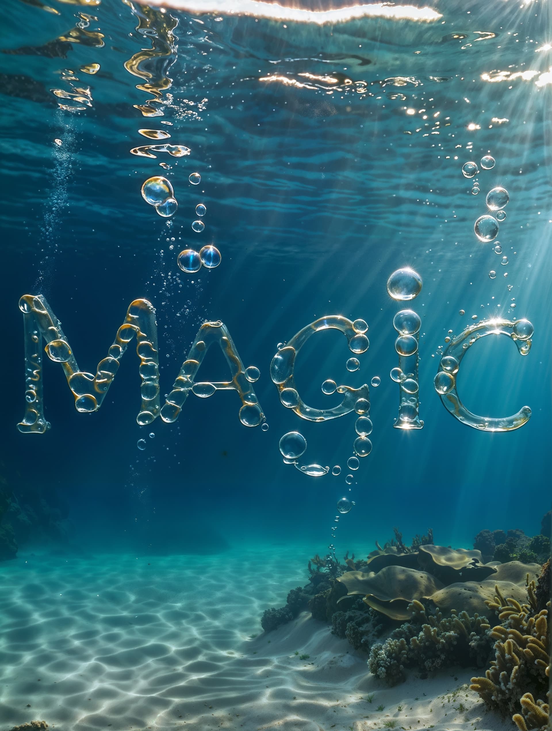 AI generated: A photograph showcasing the word "Magic" meticulously spelled out using water bubbles. The delicate,...