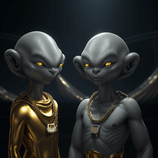 AI generated: Photo of two grey aliens with gold chains, ultra realistic, dramatic lighting, dramatic lighting, st...