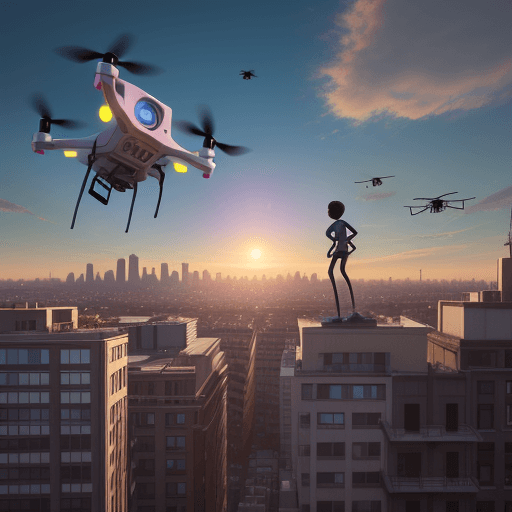 AI generated: in pixar format wide air camera shot of the city and apartment buildings drones fly high above the c...
