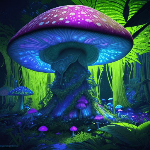 AI generated: giant human like Magic Mushroom, psychedelic background, fine line details, glow in the dark, foliag...