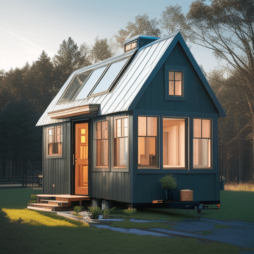 AI generated: square tiny home exterior, dreamy big windows, architecture, design magazine, cozy atmosphere; 8k, i...