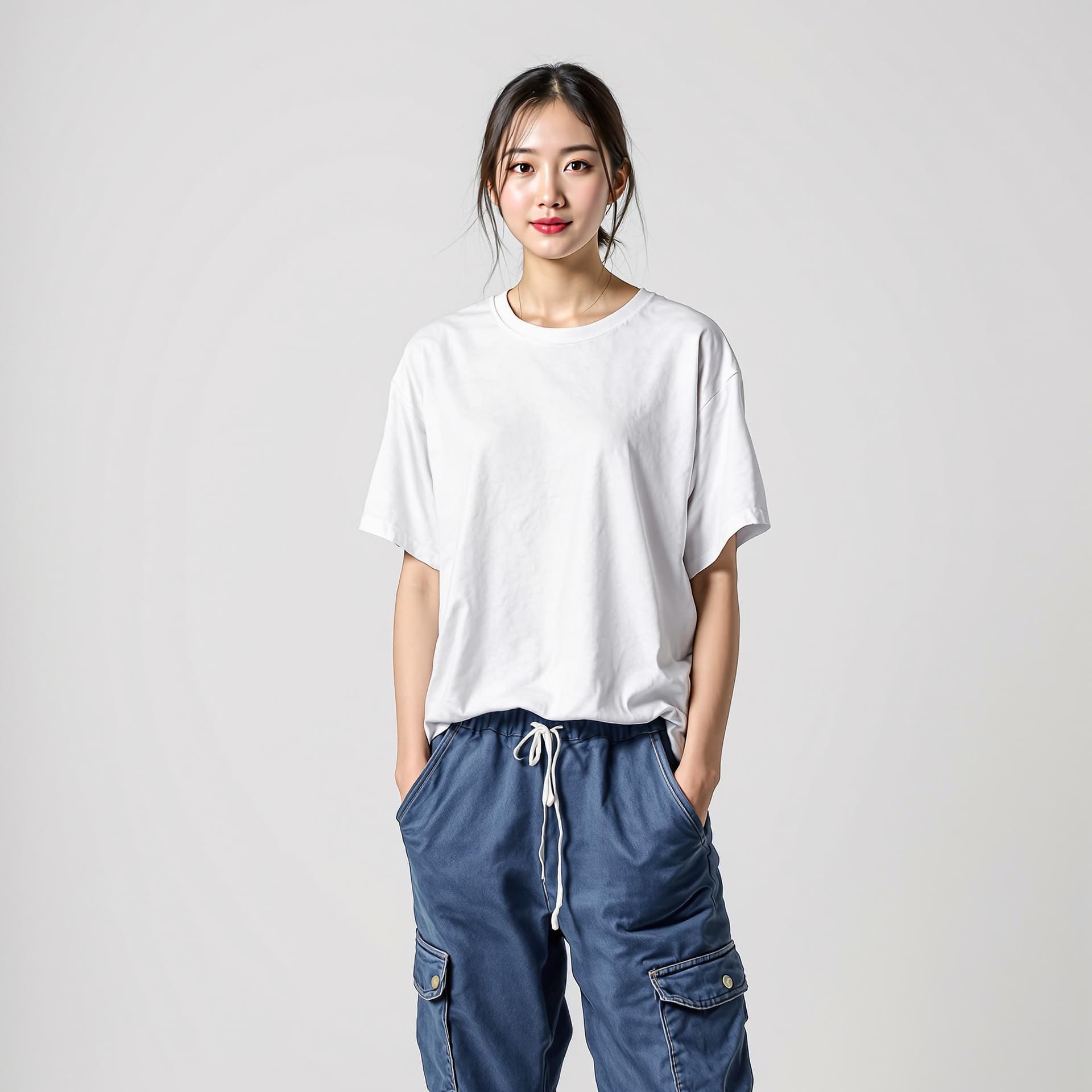AI generated: Medium-shot portrait of a professional fashion model, wearing a white loose-fit T-shirt and washed i...