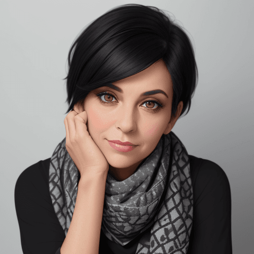 AI generated: A woman wearing a black top and a gray-toned patterned scarf is looking at the camera with her chin ...