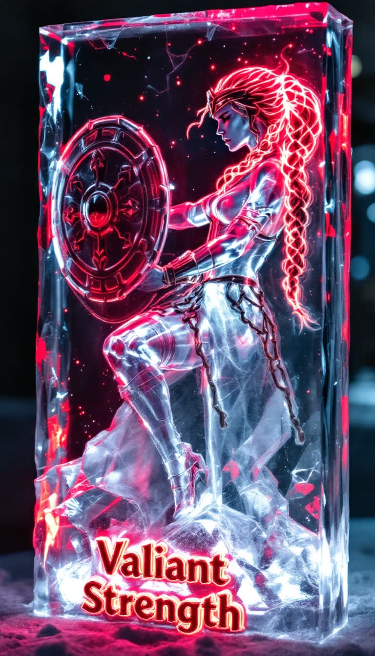 AI generated: Design a card featuring an ice sculpture of a Viking Shieldmaiden, her transparent figure gleaming f...