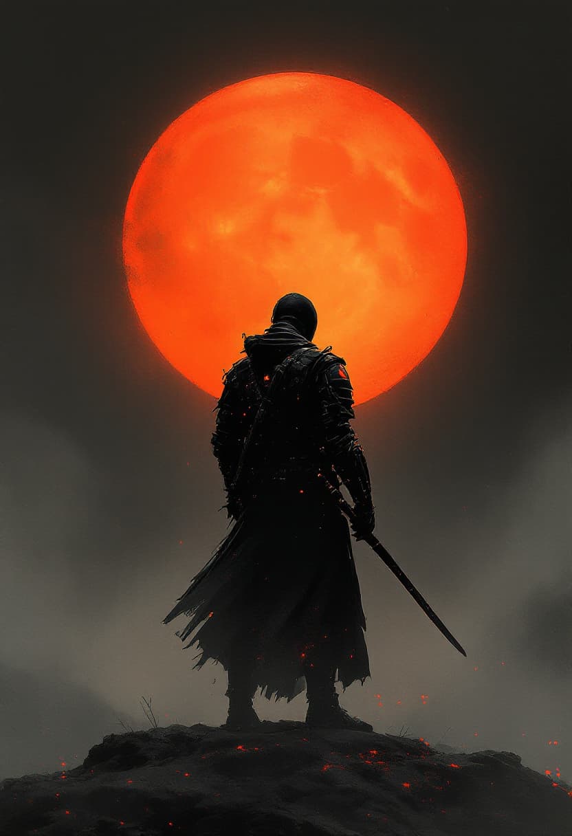AI generated: A cinematic ink wash-style illustration of a lone cyber samurai standing beneath a large glowing ora...