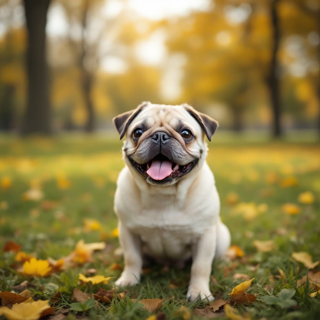 AI generated: a happy real white pug in the park
soft style