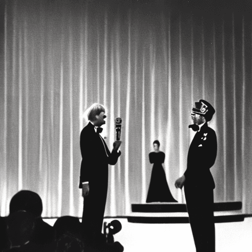 AI generated:  Color photo of a bald man in his mid-50s in a tuxedo on stage in a big hall during award-announcing...