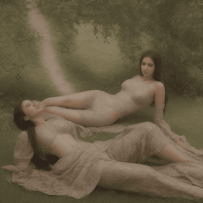 AI generated: Two supermodel beautiful, Middle Eastern women, lie together, in a serene glen beside a tranquil lak...