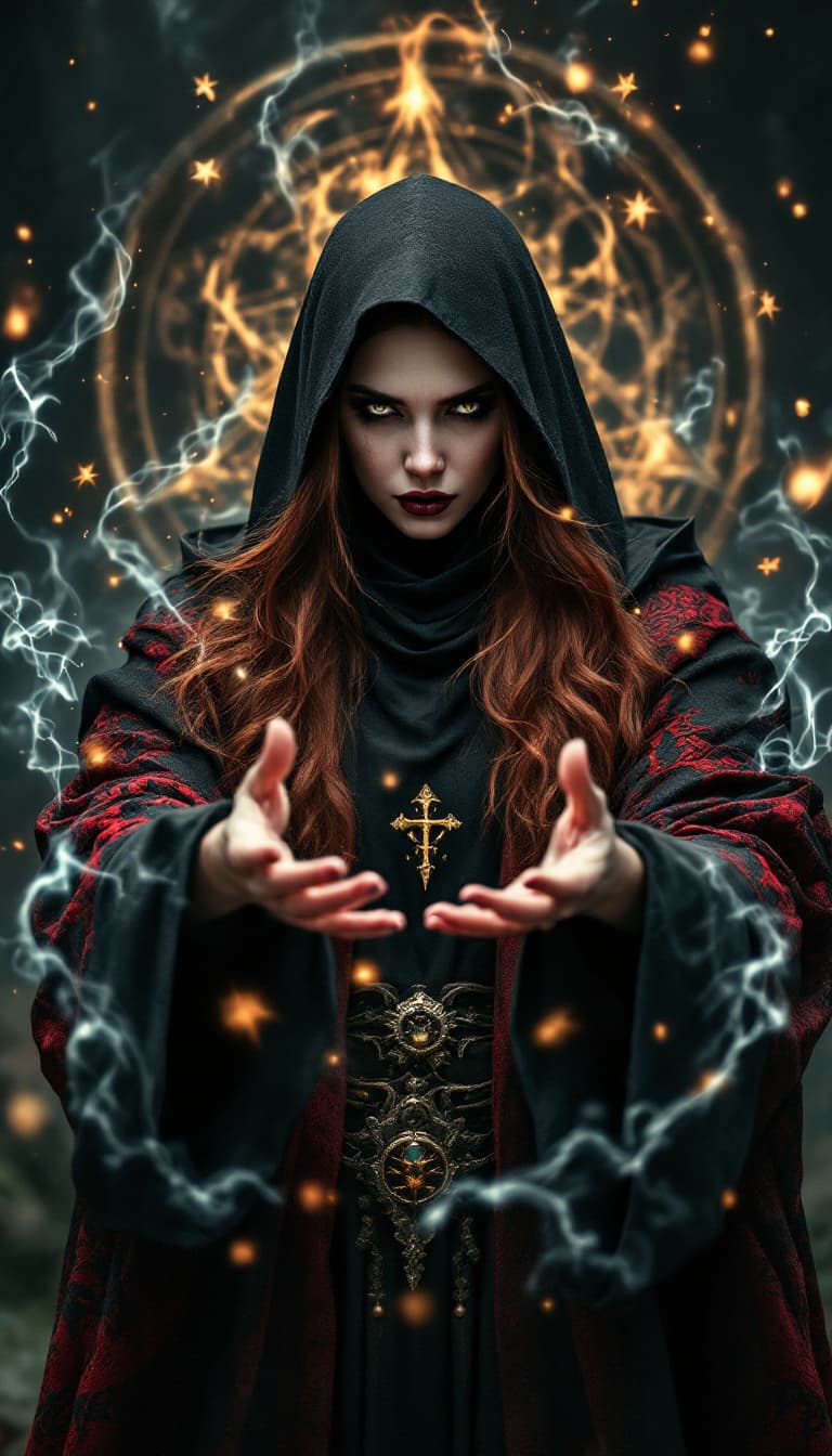 AI generated: A female warlock with long auburn hair wearing a black cowl and ornate robes of red and black, Casti...