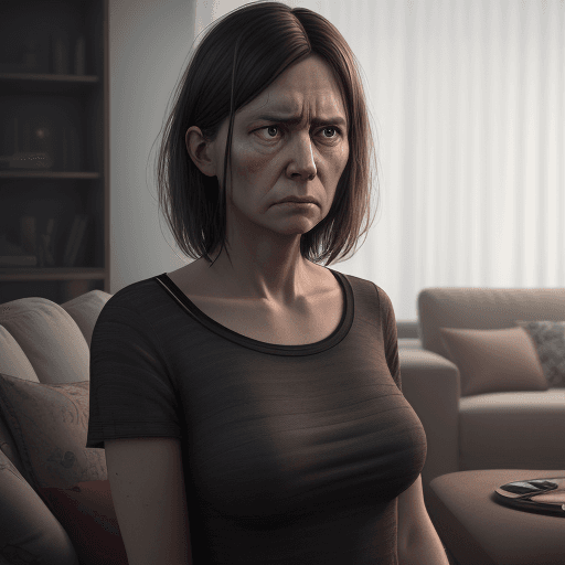 AI generated: adult woman with a disappointed face, a living room in the background, hyper realism, high detail, o...