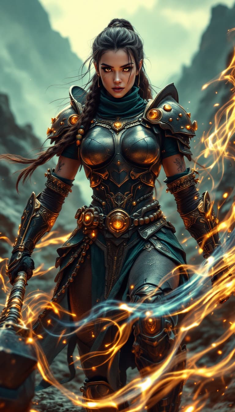 AI generated: An ultra-realistic, full-body action shot of an imposing bronze warrior woman, radiating strength an...