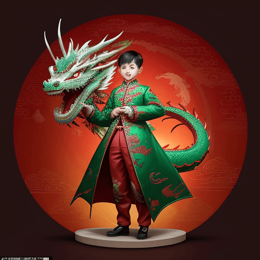 AI generated: a chinese boy is standing in front of a lunar new year dragon, in the style of digital painting, int...