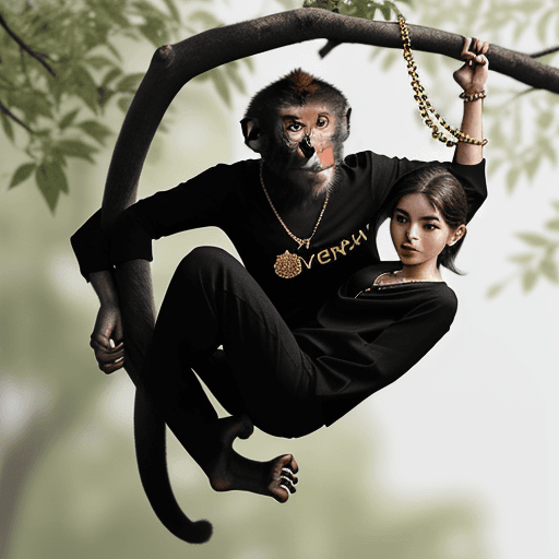 AI generated: a monkey hanging on a branch wearing a black shirt and a gold necklace