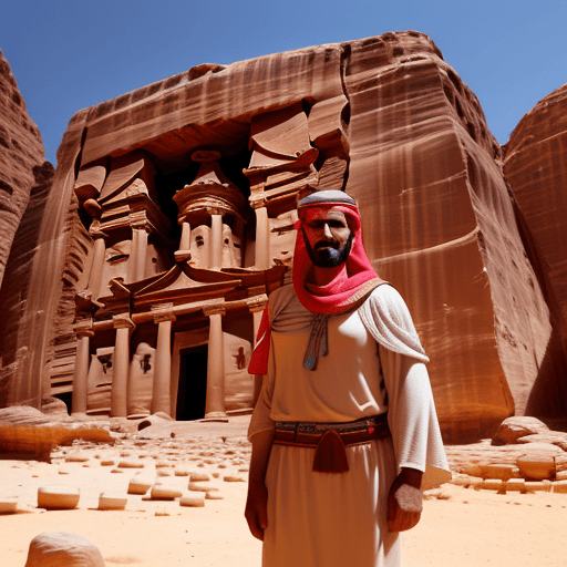 AI generated: a Bedouin standing in front of Petra in Jordan with proud and honor 