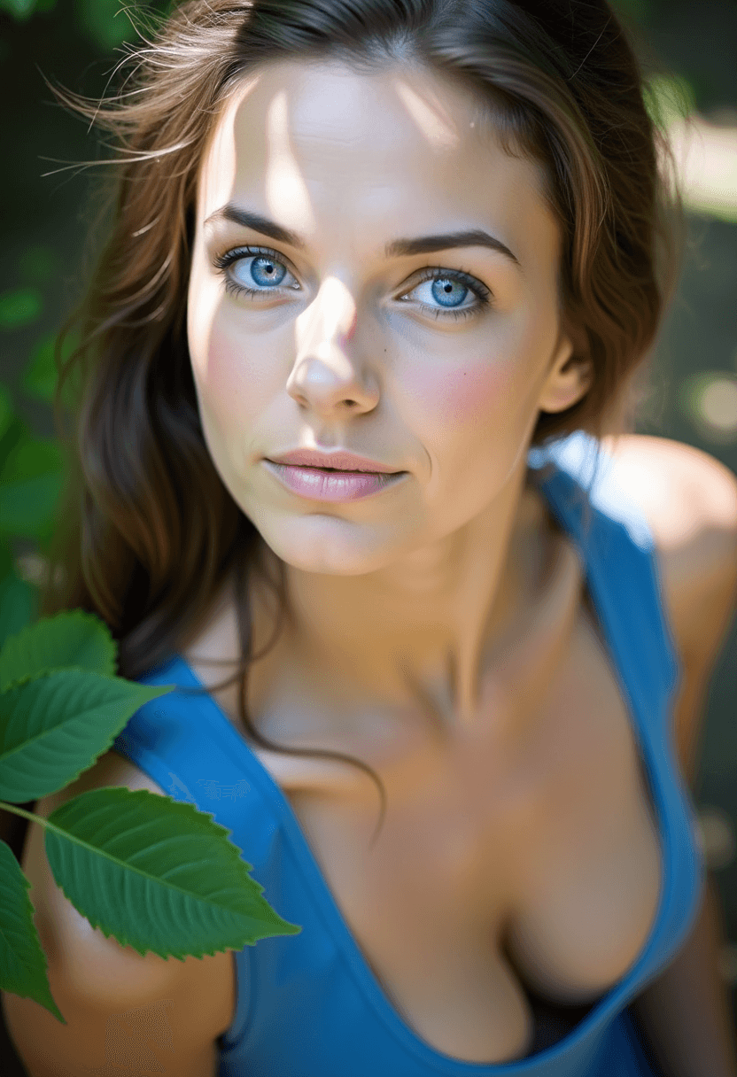 AI generated: A woman with striking blue eyes is captured in a close-up shot from above. Her skin tone is fair, an...