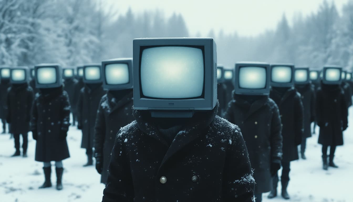 AI generated: winter. many people stand in rows, and everyone has a TV instead of a head. only two people have a h...