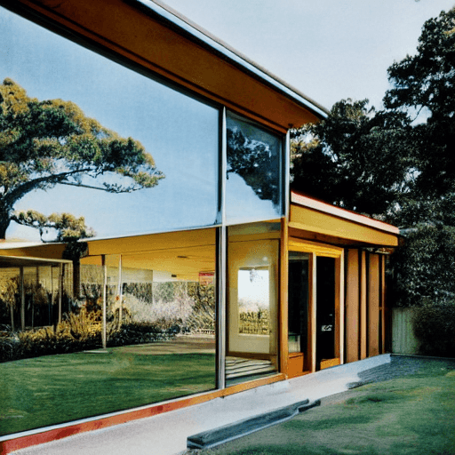 AI generated: hyper realistic eye level exterior photo of a mid century modern style house overlooking the ocean, ...